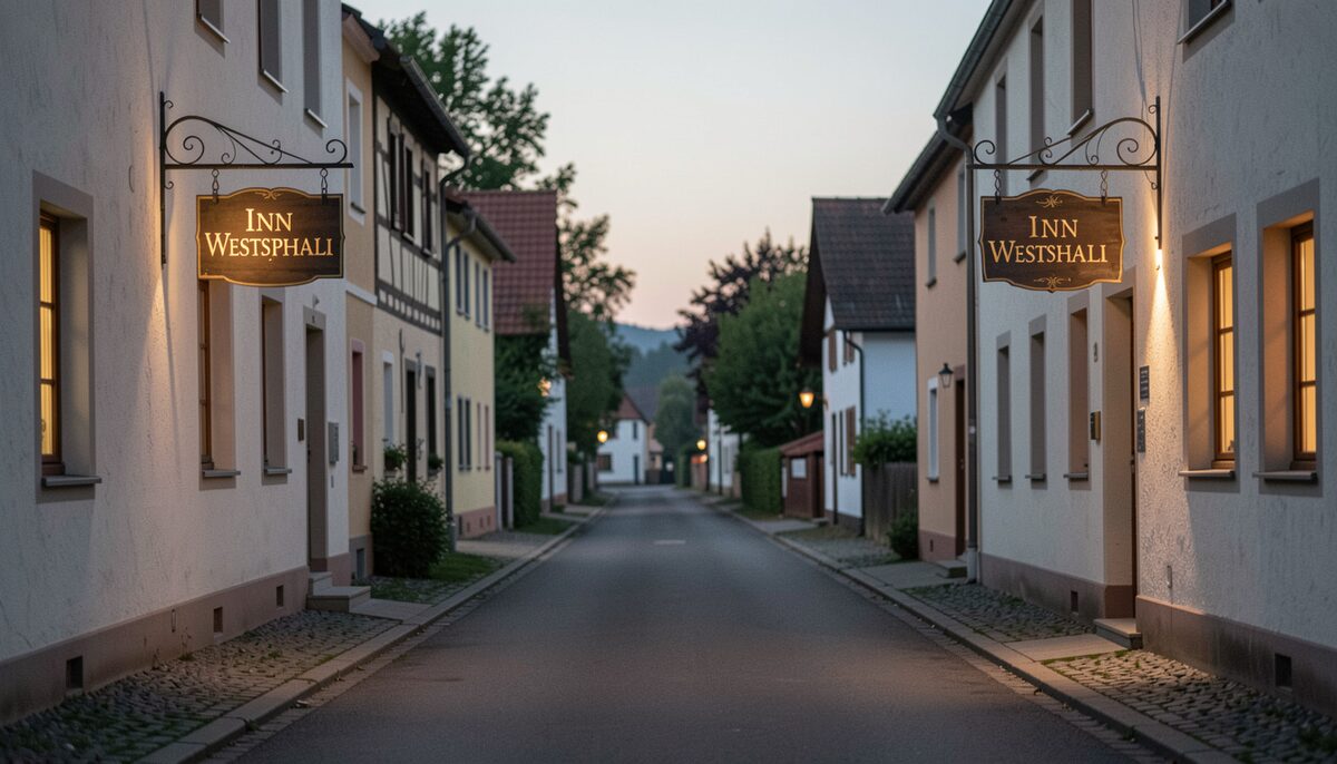 Eine Dorfstraße in Westfalen am frühen Abend mit zwei erleuchteten Wirtshausschildern in einhundert Metern Abstand