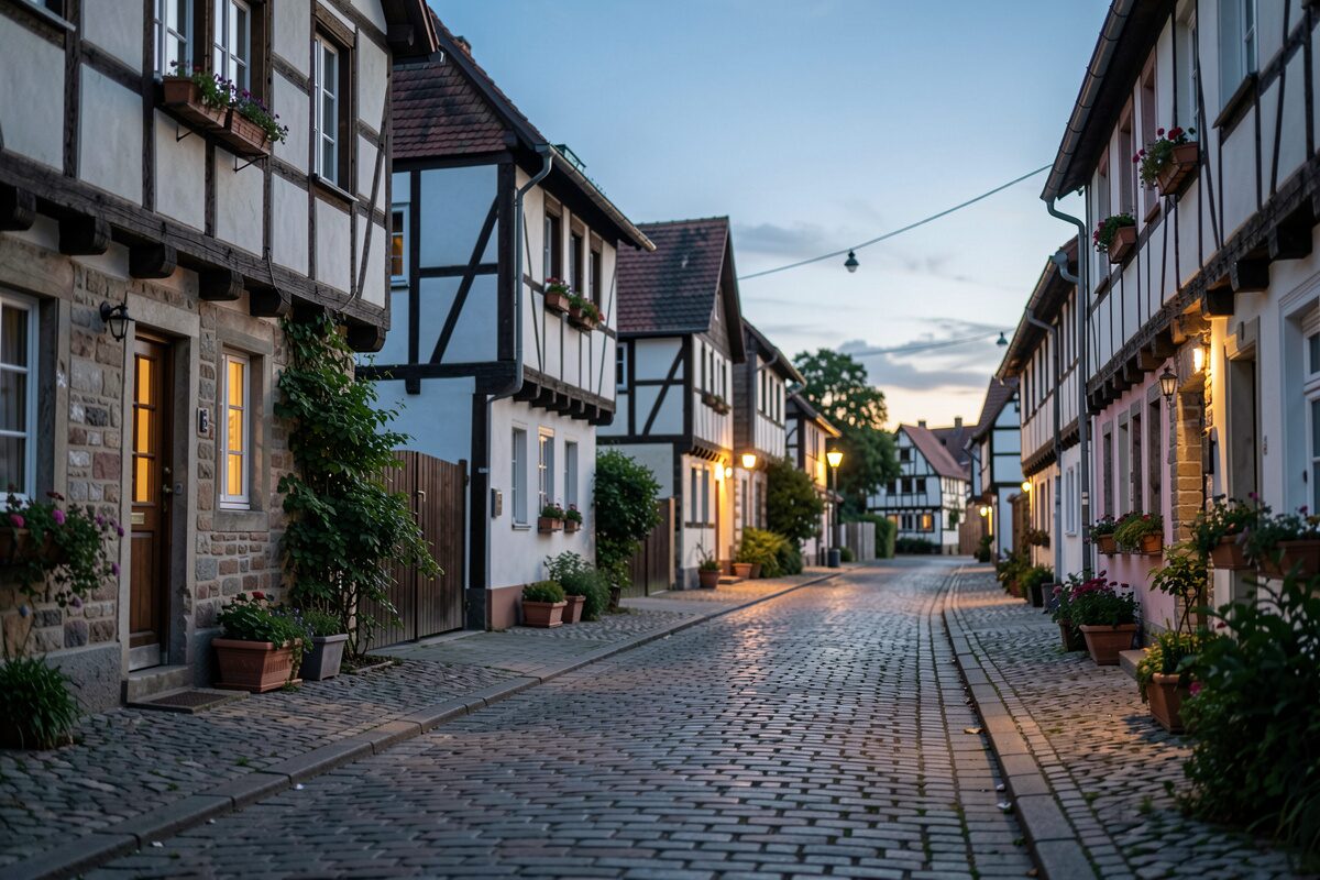 Eine ruhige Dorfstraße mit Kopfsteinpflaster und Fachwerkhäusern