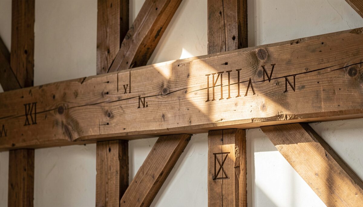 Fachwerkbalken einer Hauswand in Westfalen mit sichtbaren Zimmermannszeichen und Nummern