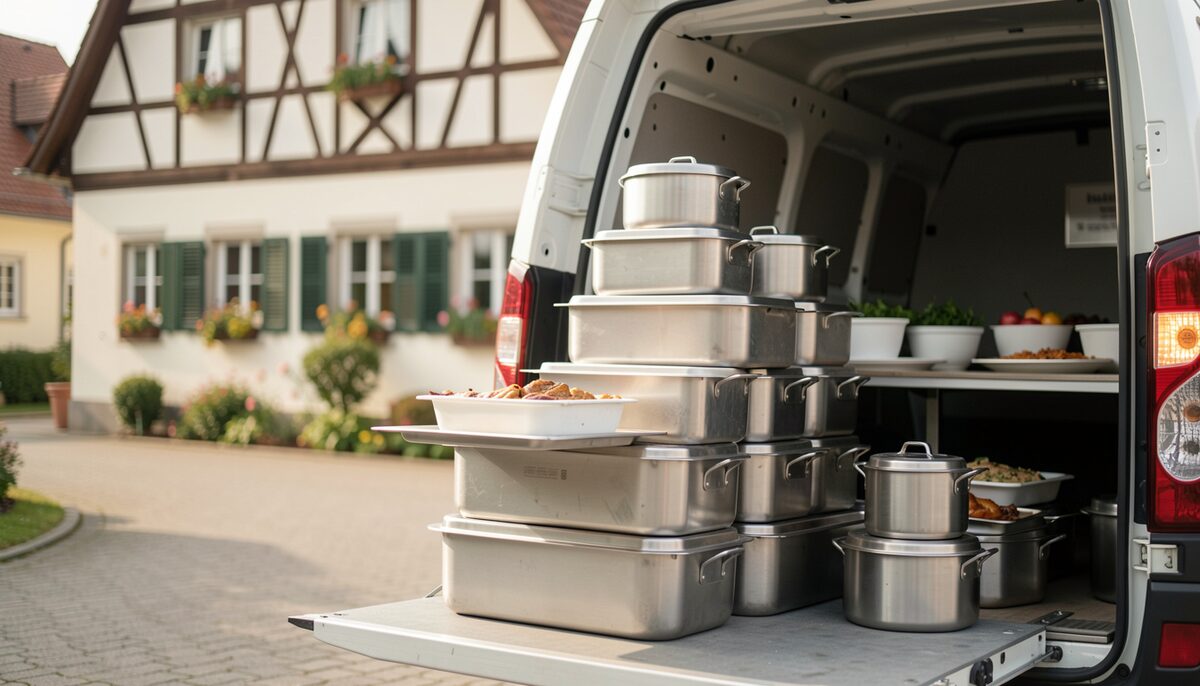 Gestapelte Edelstahl-Thermobehälter und Buffetplatten beim Verladen in einen Lieferwagen vor einem Wirtshaus
