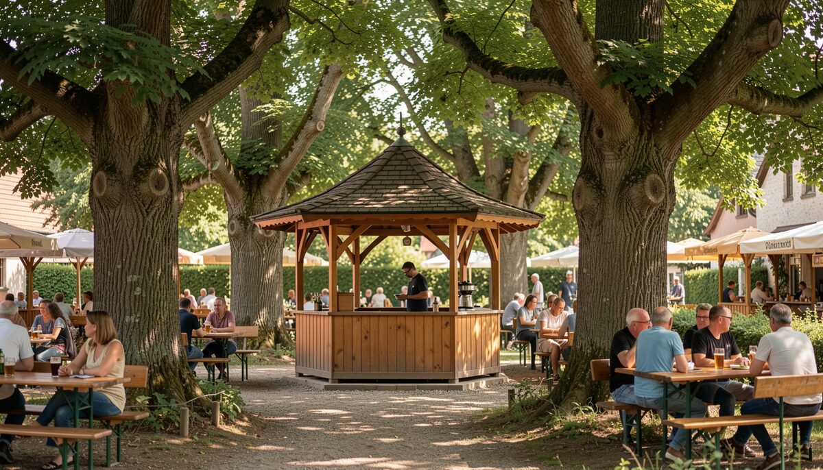 Ein hölzerner Gartenpavillon mit geschwungenem Dach zwischen alten Kastanien in einem westfälischen Biergarten