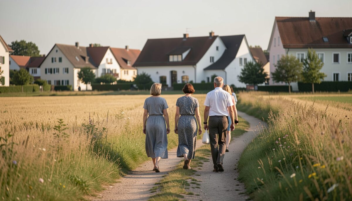 Eine Familie in Sonntagskleidung der 1920er Jahre auf einem Feldweg am Stadtrand mit einem Ausflugslokal im Hintergrund