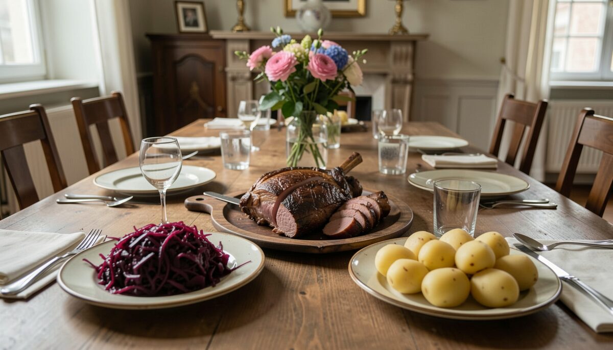 Ein gedeckter Tisch in einer Gaststube mit Braten, Rotkohl und Kartoffeln auf schweren Tellern