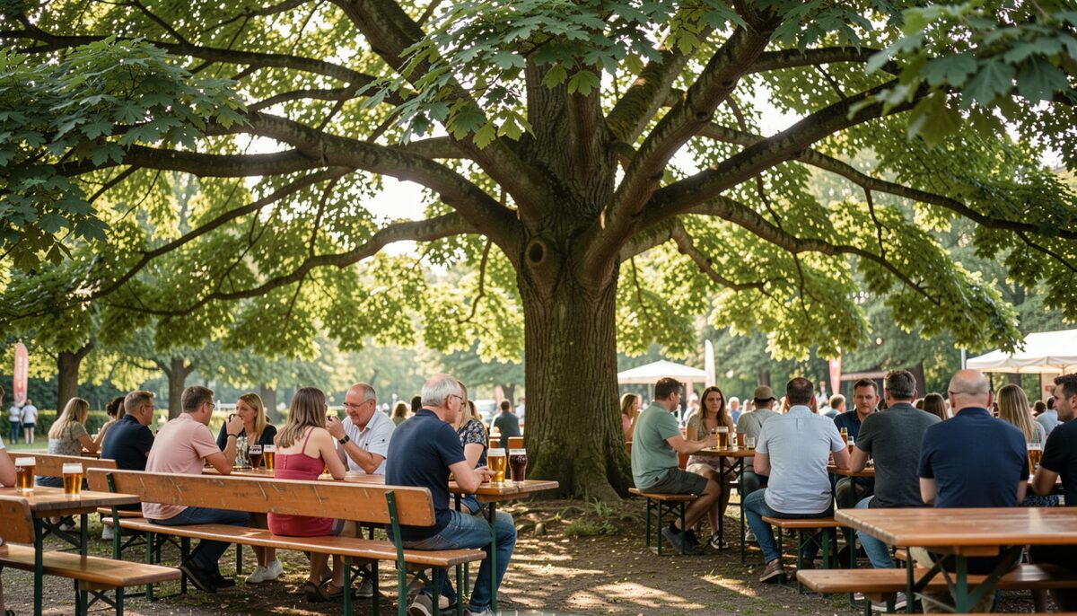 Die ausladende Krone einer Rosskastanie über Holzbänken und Biergläsern in einem schattigen Biergarten