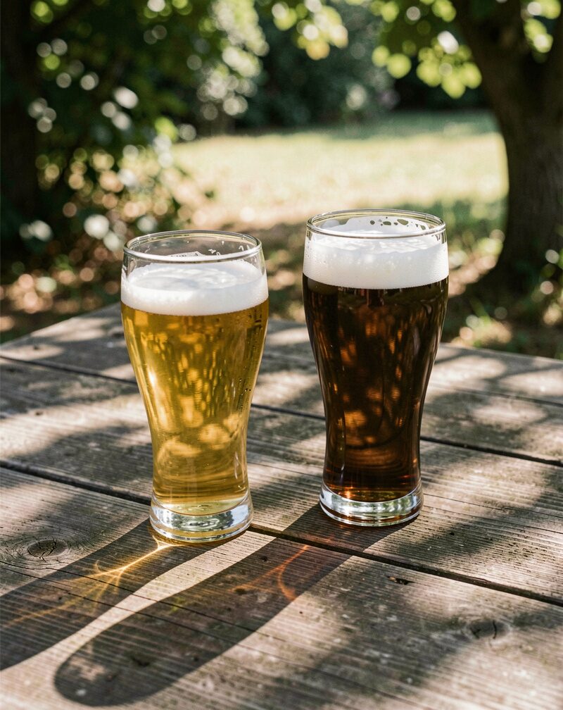 Biergläser auf einem Holztisch unter gesprenkeltem Kastanienschatten
