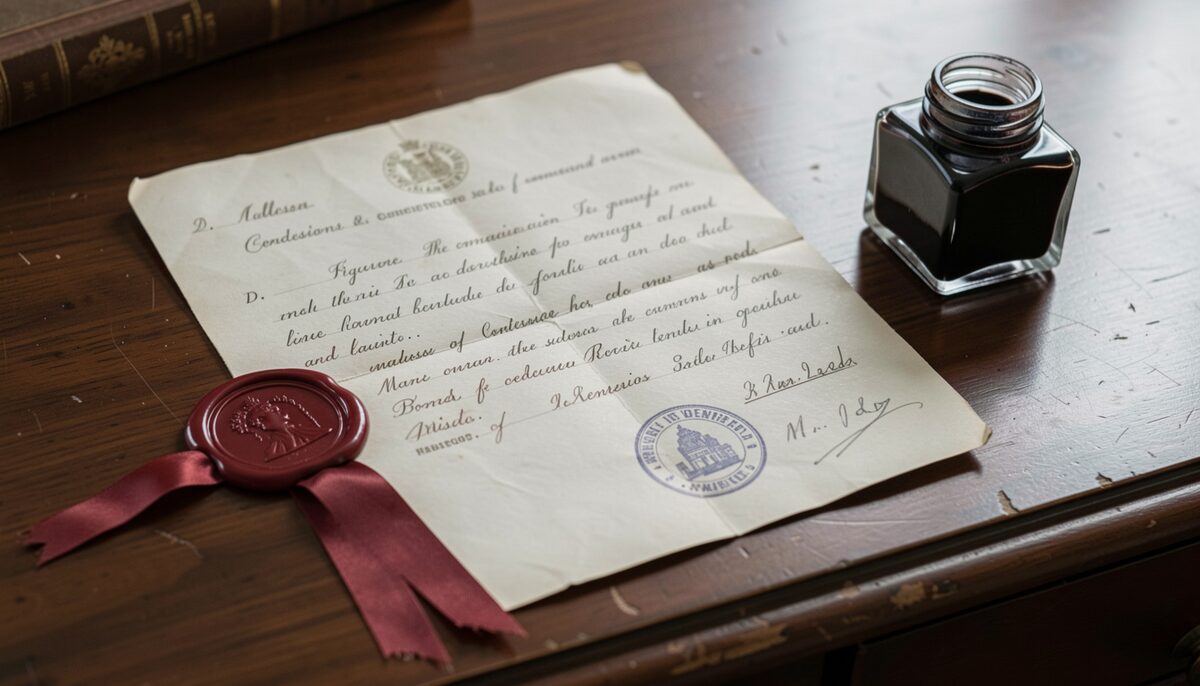 Eine handschriftliche Konzessionsurkunde des 19. Jahrhunderts mit Siegellack und Amtsstempel auf einem Holztisch