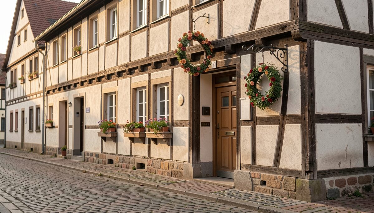 Ein altes Fachwerkhaus in Westfalen mit einer hölzernen Wirtshauskranz über der Eingangstür bei Abendlicht