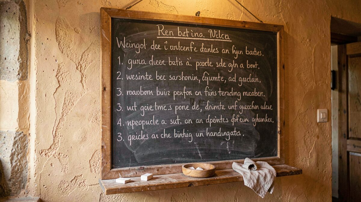 Die große Ardoise des Notizbuchs an der Wand, mit Kreidezeilen beschrieben